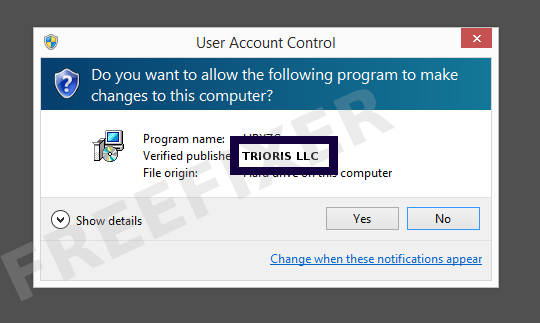 Screenshot where TRIORIS LLC appears as the verified publisher in the UAC dialog